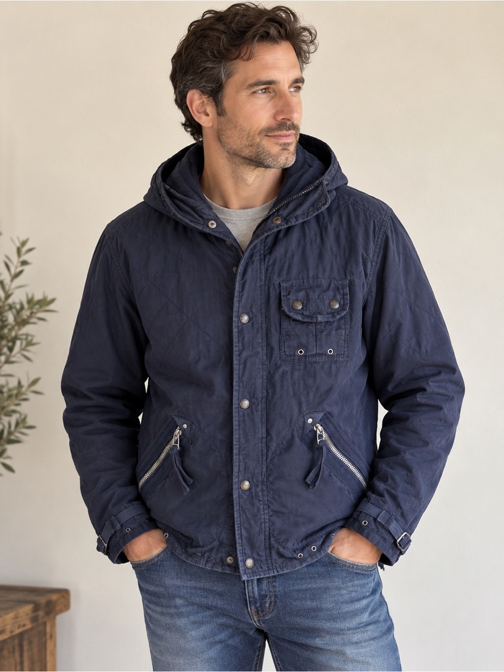 Polo Ralph Lauren Navy Quilted 100% Cotton Utility Jacket Removable Hood Size L